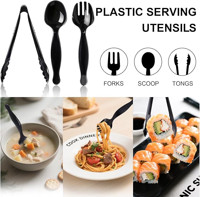 30 Pcs Disposable Black Plastic Serving Utensils,10 Set Including 9" Plastic Serving Spoons, Forks and Tongs for Dinner Parties, Buffets,Banquets, Events, Weddings, and Daily Use