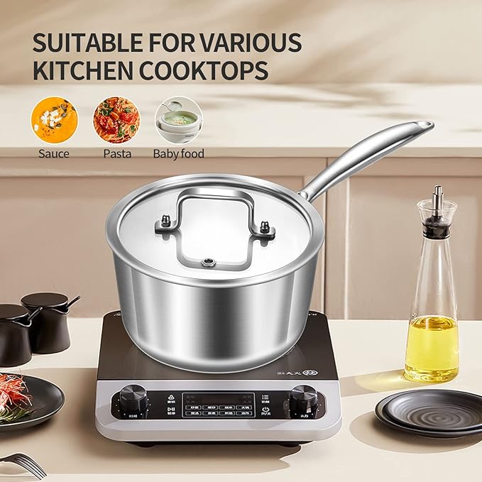 LOLYKITCH 1 & 2 & 3 Quarts Tri-Ply Stainless Steel Saucepan Set of 3,Induction Cooking Pots,Saucepans with Lids,Pots and Pans Set,Dishwasher and Oven Safe.