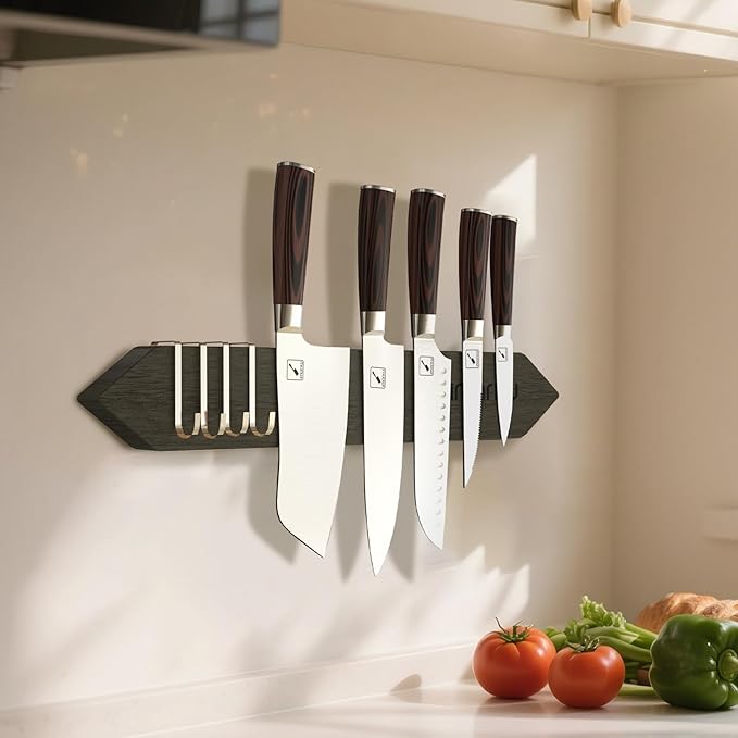 imarku Magnetic Knife Holder for Wall - 16 Inch Acacia Wood Magnetic Knife Strip with Powerful Magnet, Knife Magnetic Strip for Kitchen Utensil Organizer with 4 Hooks, Dark Gray
