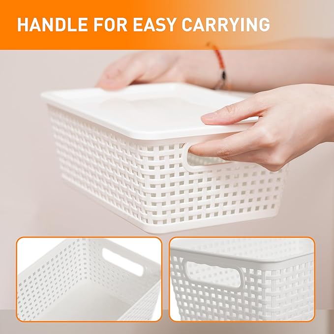 Plastic Storage Baskets With Lid, Storage Bins for Organizing, Stackable Decorative Containers for Shelves Drawers Desktop Closet Playroom Classroom Office, 10 Pack-White