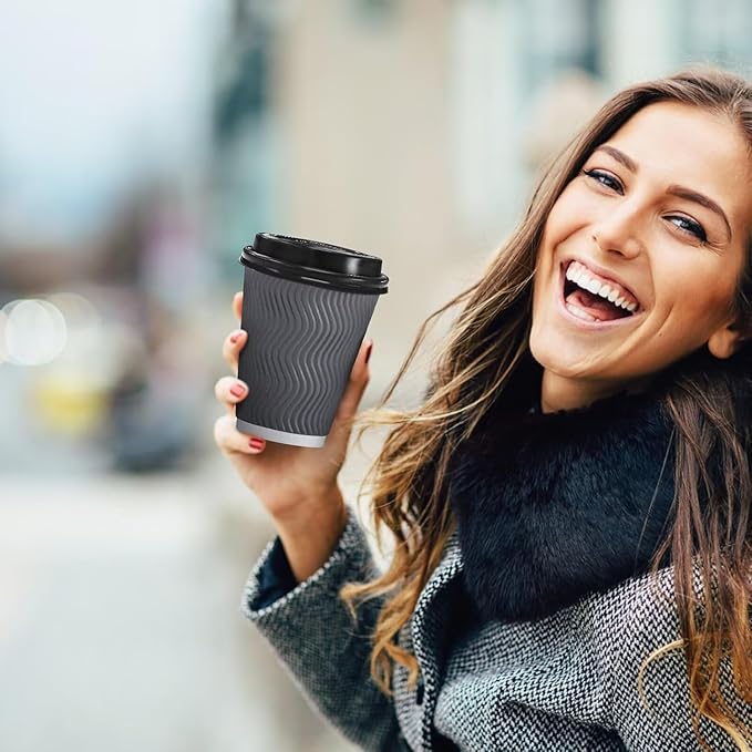 100 Pack 16 oz Disposable Coffee Cups with Lids, Insulated Ripple Wall To-Go Paper Coffee Cups Suitable for Chocolate Cocoa and Hot/Cold Drinks (Grey)