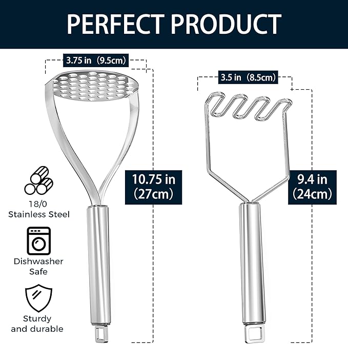 18/0 Stainless Steel Potato Mashers, 10.7-in Kitchen Masher Tool for Avocado Vegetable Sauce Butter, Heavy Duty, Dishwasher Safe, Pack of 2