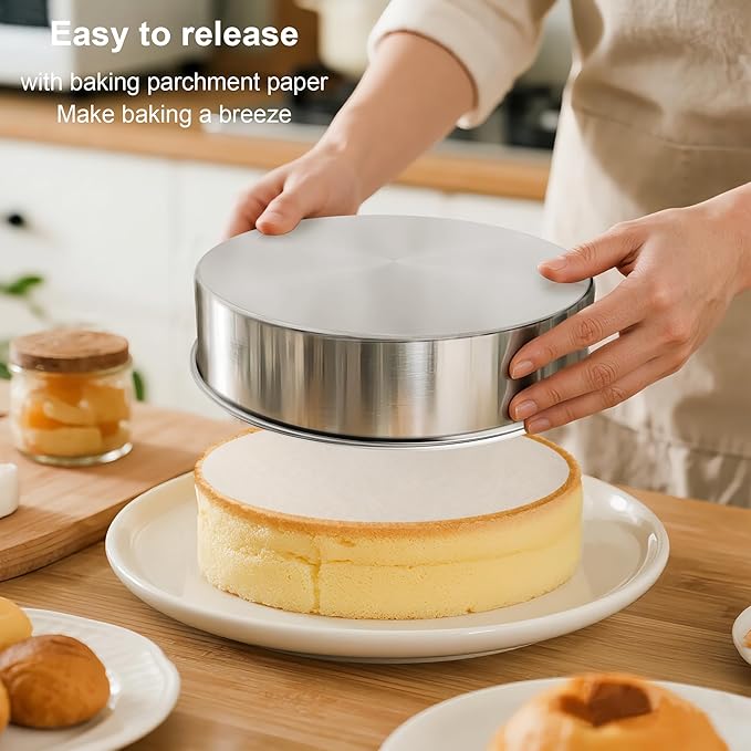 9½ Inch Round Cake Pan Set of 2, Nonstick Circle Stainless Steel Layer Cake Pans 9½ Inch Round with 100PCS Parchment Paper, Baking Pan Set for Birthday Christmas, Silicone Spatula & Dishwasher Safe