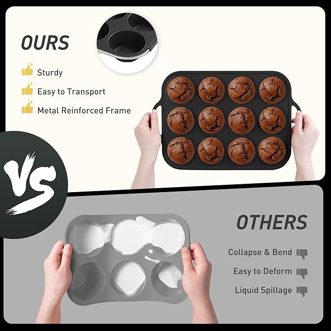2 Packs 12 Cups Silicone Muffin Pan with Metal Reinforced Frame Regular Size Cupcake Tray Egg Mold Wedding Day Engaged Engagement Hostess Couple Newly Wed House Christmas Married Unique Gift