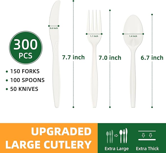 100% Compostable Cutlery Set, 300pcs (150 Forks,100 Spoons,50 Knives) Disposable Cornstarch Utensils Heavy Duty BPI Certified Eco-Friendly Party Supplies No Plastic, Ivory White