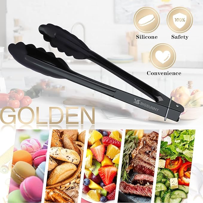 MSY BIGSUNNY 9 Inch Kitchen Food Tongs, Buffet Tongs, Serving Tongs, Black Aluminum Tongs - Set of 3
