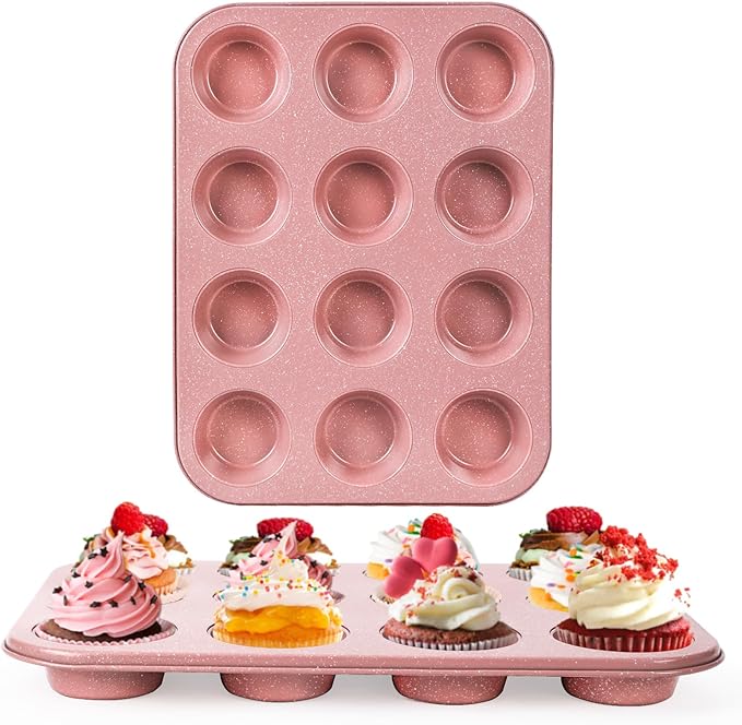2-Pack Pink Nonstick Muffin Pans, 12-Cup Muffin Cake Pan, 5-Layer Free PFOA/PFOS/PTFE Safe Cupcake Pan, Durable & Easy-Clean Muffin Cup for Baking