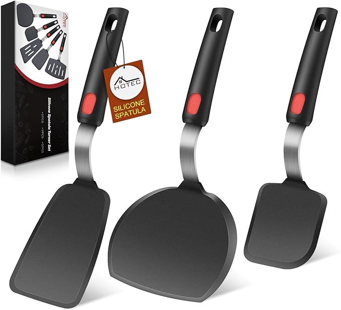 Hotec Silicone Spatula Turner for Nonstick Cookware, Cooking Spatulas 600°F Heat Resistant Large Flexible Rubber Spatula Set of 3, Kitchen Utensils for Flipping Eggs, Burgers, Pancakes, Crepes