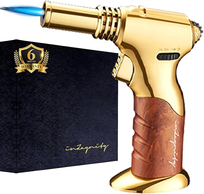 Dual Flame Butane Torch Gun – Refillable Handheld Mini Blow Torch for Cooking, Crème Brûlée, Welding, Soldering, Resin Art – Adjustable Flame & Ignition Lock–Limited Gold Brown by inZaynity