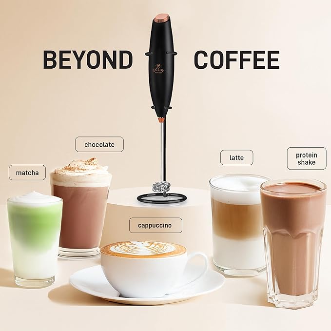 Zulay Double Whisk Milk Frother Handheld Mixer - High Powered Frother For Coffee With Improved Motor - Milk Frother Electric Whisk Drink Mixer For Cappuccino, Frappe, Matcha, Twin Whisk - Black/Copper