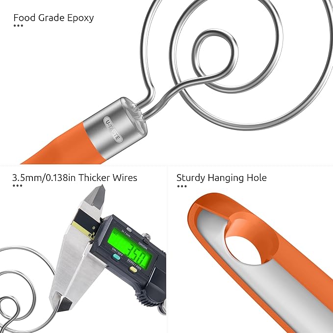 U-Taste 12.6in Danish Dough Whisk: 18/8 Stainless Steel Heavy-Duty Sourdough Mixer Tool, Food Grade Dutch Style Seamless Bread Wisk, Sturdy for Mixing, Stirring, Kneading Thick Batter (Orange)