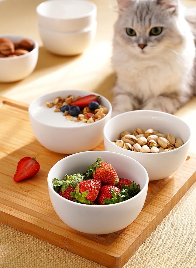 Sweese 10 Oz Porcelain Bowls Set of 6 - Versatile for Cereal, Soup, Salad, Pasta, Oatmeal - Microwave Dishwasher Safe, White