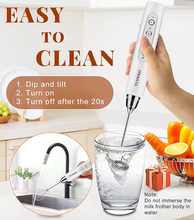 YUSWKO Milk Frother Handheld for Coffee with Stand, Rechargeable Drink Mixer with 3 Heads 3 Speeds Electric Coffee Frother Whisk, Gift for Many Occasions and Festival