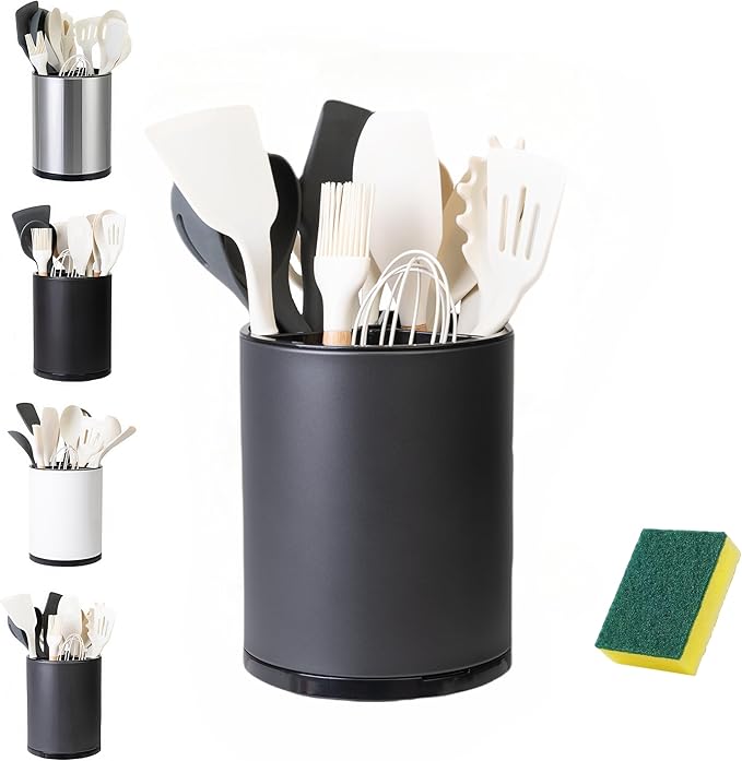 Utensil Holder,Large 360°Rotating Kitchen Utensil Holder For Counter,Cooking Silverware Organizer Stainless Steel Caddy Flatware Spoon Spatula Tool Cutlery Container