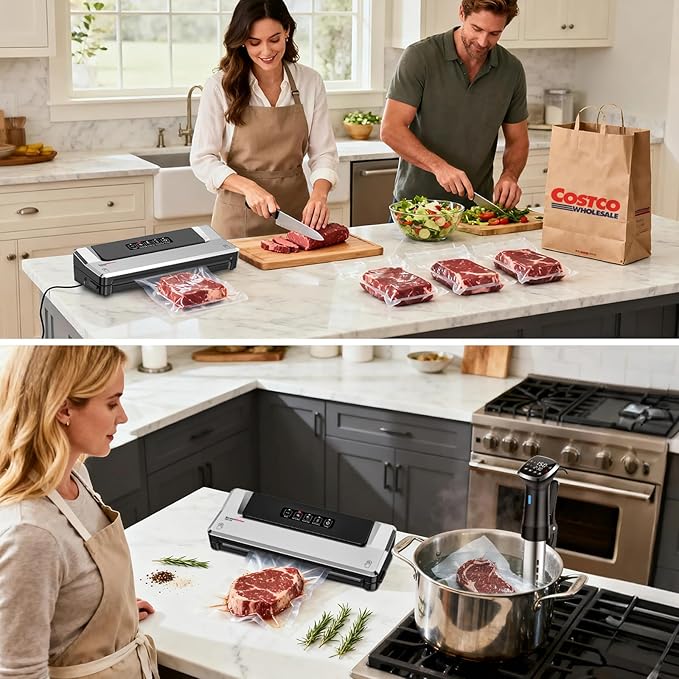 Bonsenkitchen Vacuum Sealer Machine with 40 Bags | Compact Food Sealer for Kitchen Storage & Meal Prep | Multiple Modes | External Vacuum System, Silver