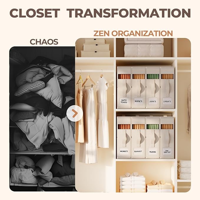 8Pack Linen Sheet Organizers for Linen Closet - King/Queen Size Bedding Storage Boxes with Clear Window | Foldable, Dustproof Sheet Storage Organizer for Blankets & Sheet Sets,Off-white