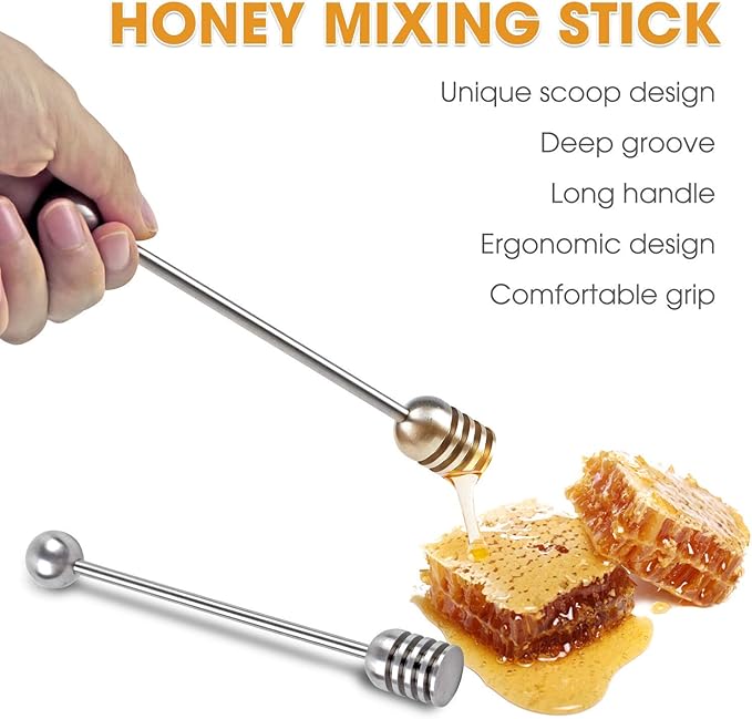 DUGATO Honey Dipper Set (2 Pack, 6.3") - 304 Stainless Steel Honeycomb Sticks for Honey Pot Jar, Syrup Drizzler, Tea & Coffee Stirrer - Elegant Kitchen Utensil (Stainless Steel)