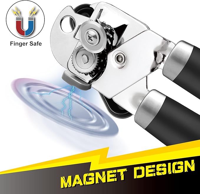 [Upgraded] PrinChef Can Opener Manual with Magnet, Reinforced Gear and Blade, Smooth Edge Can Openers for Seniors with Arthritis, Comfortable Grip Handheld Can Cutter Bottle Opener with Magnet, Black