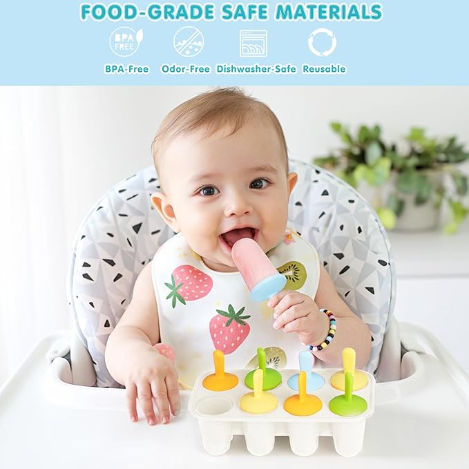 Miaowoof Silicone Popsicles Molds for Toddlers, 8-Cavity Non-BPA Premium Silicone Small Popsicle Molds, Ice Pop Mold with 8 Colorful Reusable Sticks for Kids (White)