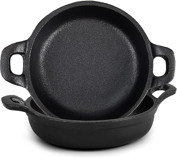 Mini Cast Iron Skillets 5 x 5 x 1.3 Inch Cast Iron Pan Small Ramekin Set Black Casserole Dish Cookware Oven Safe Mini Skillets for Kitchen Indoor Outdoor Picnic (2 Pack)