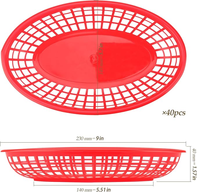 40 Pack 9x5.7x1.6 Inch Plastic Fast Food Baskets, Restaurant Serving Baskets, Red Oval Fast Food Serving Basket for Picnic, Deli Serving, Chicken, Burgers and Fries
