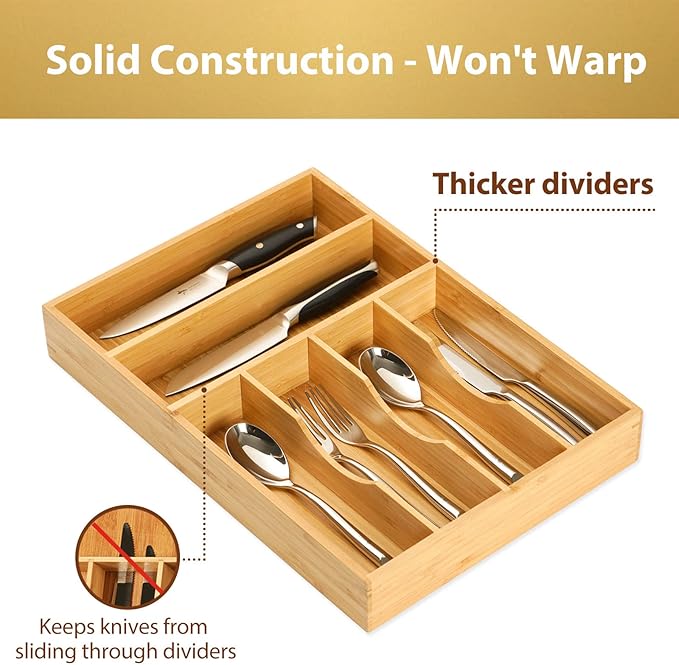 Umilife Kitchen Drawer Organizer, 12 Inch Silverware Utensil Tray Holder, Extra Deep, with Non-Slip Feet & Grooved Drawer Divider, 6 Slots Total Bamboo Wood Caddy for Flatware Cutlery Knives