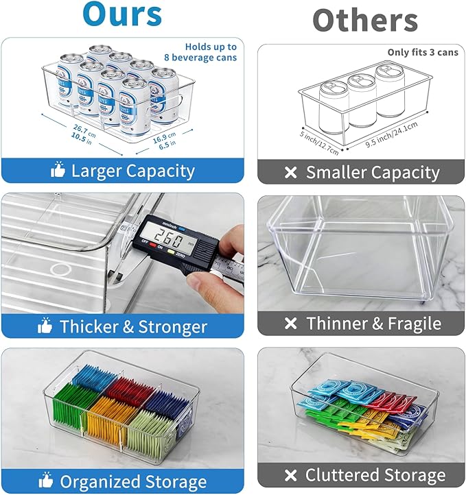 4 Pack Clear Pantry Organizers and Storage Bins with Divider, Transparent Plastic Basket, Refrigerator and Fridge Bins