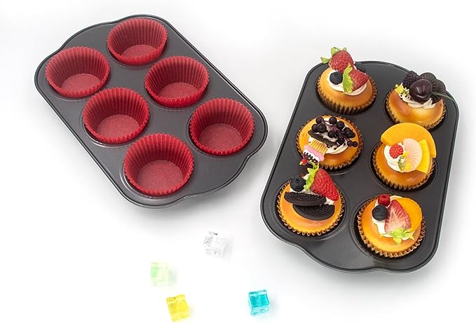 Non-Stick Standard Muffin Pans, 2.95" 6-Cup Set of 2 Baking Pans, Heavy Duty Carbon Steel Tins for Standard Muffins & Cupcakes