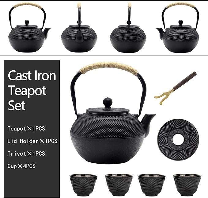 YJX Cast Iron Tea Pot Set, Japanese Tetsubin, 40.6oz Tea Kettle for Stovetop, Black Teapot with Stainless Steel Infuser for Loose Leaf Tea, 1200ml Small Asian Tea Set with Teacups