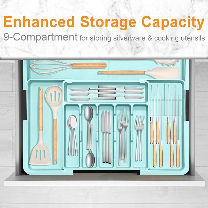 Homecor Silverware Organizer - Expandable Large Kitchen Drawer Organizer Utensil Organizer with 2 Knife Block Inserts, 22"x 19"Cutlery Tray with Drawer Dividers for Kitchen Flatware (Turquoise)