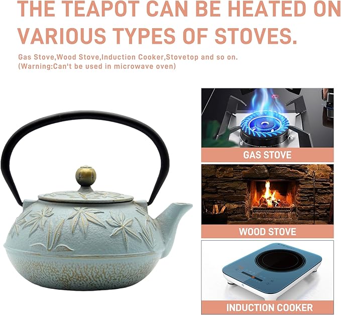 Cast Iron Teapot Tea Kettle with Stainless Steel Infuser for Stovetop Safe Coated with Enameled Interior Japanese Tetsubin with Maple Leaves Pattern(30.4oz/900ml) (Color-5)
