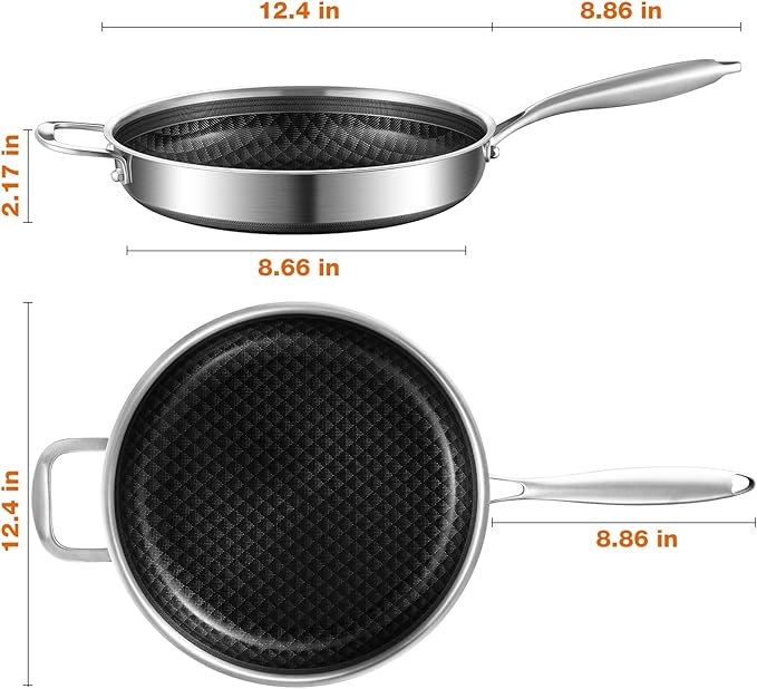 12-Inch Non Stick Frying Pans, Ceramic Coating NonStick Stainless Steel Pan Set, Tri-Ply Skillets and Pan Set with Lid, Cool-Touch Handle, Dishwasher and Oven Safe