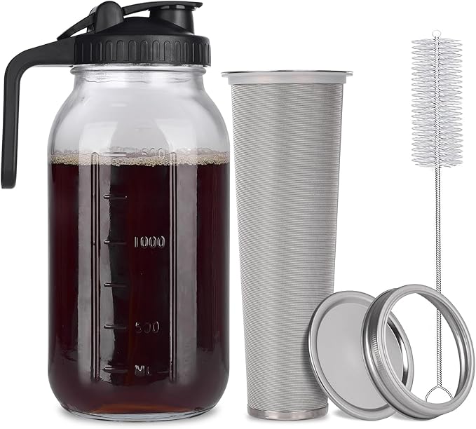 Cold Brew Mason Jar iced Coffee Maker, Durable Glass, - 64 oz (2 Quart / 1.9 Liter), With Handle& Stainless Steel Filter for Iced Brew Coffee, Lemonade, Ice Tea, Homemade Fruit Drinks Container