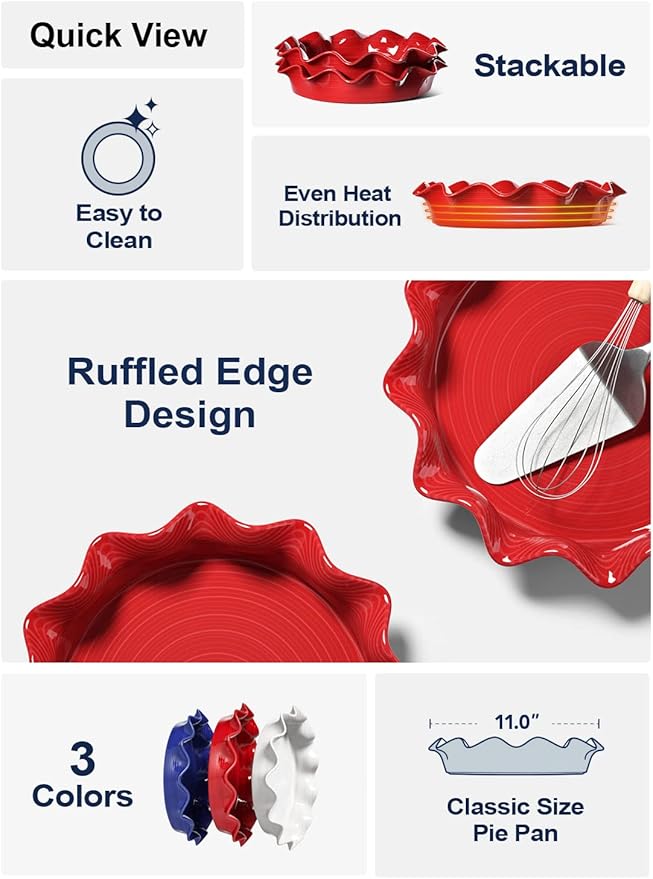 LE TAUCI Ceramic Pie Pans for Baking, 11 Inches Deep Dish Pie Plate for Apple Pie, 48 Ounce Baking Dish with Ruffled Edge, Set of 2, Red