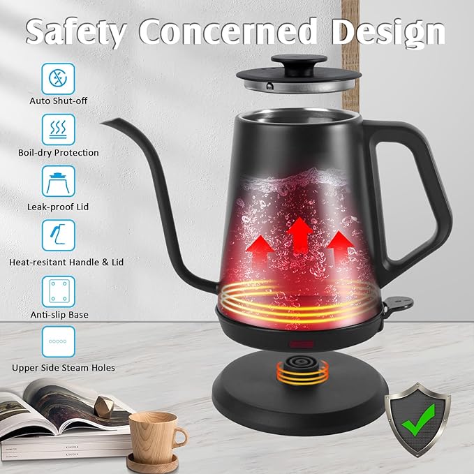 1L Electric Gooseneck Kettle, Tea Kettle for Boiling Water, Gooseneck Electric Kettle for Coffee & Tea, Fast Boiling for Pour Over, Auto Shut-Off, Boil-Dry Protection, 360° Rotational Base