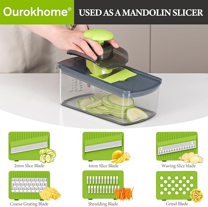 Ourokhome Mandolin Slicer with Handheld Spiralizer, Hand Safe Vegetable Shredder with 6 Mandoline Blades, Veggie Waffle Cutter for Potato, Carrot, Zucchini, Essential Kitchen Gadgets (10 in 1, Gray)
