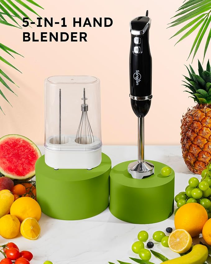 Sangcon 5-in-1 Immersion Blender Handheld, Hand Blender with 1000ml Blending Cup Storage Base, 2-Speed Adjustable Stick Blender, 304 Stainless Steel Blades, Detachable Blender, Whisk, Milk Frother