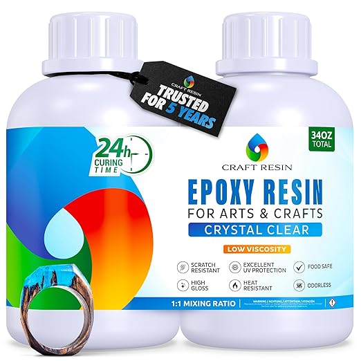 CRAFT RESIN 34 Oz Crystal Clear Epoxy Resin Kit - Food Safe & UV Resistant for DIY Art, Wood, Jewelry Making, Coasters, Molds Casting Resin Epoxy - Low Viscosity, Self Leveling for Beginners & Pros