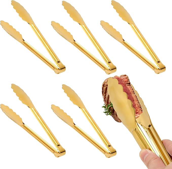 5 Pack Gold Serving Tongs Salad Tongs 9 Inch Buffet Tongs Stainless Steel Food Tong Serving Utensils for Buffet Wedding Party Catering (9 Inch, Gold)