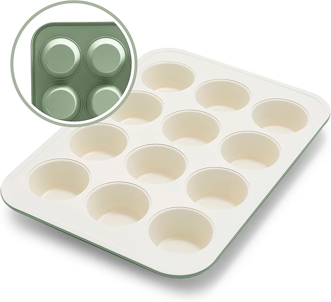 GreenLife 12-Cup Muffin Pan, Healthy Ceramic Nonstick Bakeware, PFOA & PFAS-Free Cupcake Tray, Durable Baking Pan, Versatile Kitchen Essential, Easy Clean Muffin Mold, Nonstick Baking Sheet, Sage