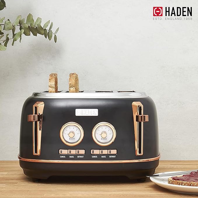 Haden Dorset 4 Slice Wide Slot Stainless Steel Toaster with Adjustable Browning Control & Non-Slip Feet, Black & Copper