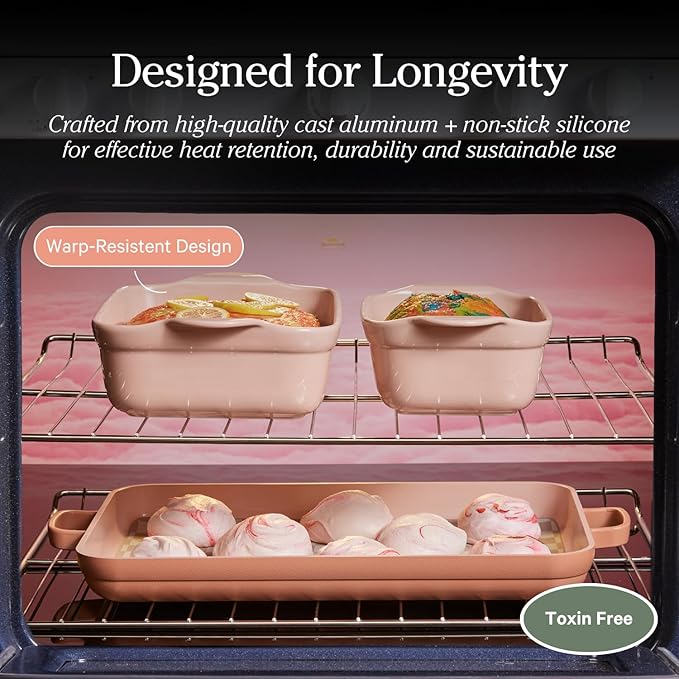 Our Place Bakeware Set | 5-Piece Nonstick, Toxin-Free, Ceramic, Cast Aluminum Set with Oven Pan, Bakers, & Oven Mat | Space-Saving Nesting Design | Oven-Safe | Bake, Roast, Griddle and more | Steam