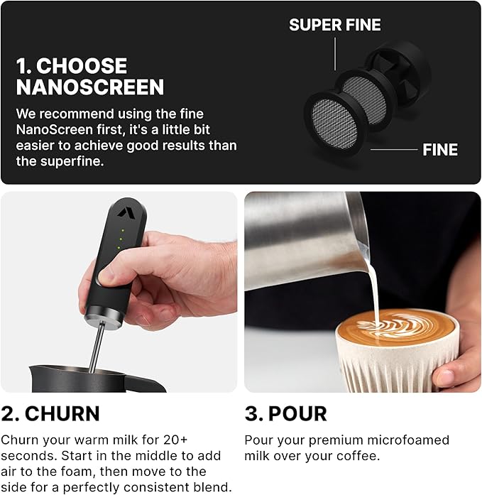 Subminimal Performance Milk Foamer - NanoFoamer Lithium Handheld Frother - Rechargeable, Dual-Speed - Microfoamed Milk in 30 Seconds, Barista-Style Coffee Drinks at Home - White Special Edition