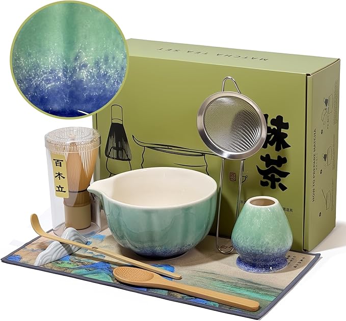 Matcha Whisk Set with Ceramic Bowl - Bamboo Whisk (Chasen), Scoop, Sifter & Holder - Complete Kit for Traditional Matcha Tea - Unique Gifts for Tea Lovers (Kiln-Frost)