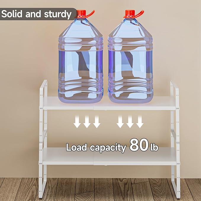 16.5-27’’L Expandable Cabinet Shelf Organizers, Stackable Metal Shelves Extender for Kitchen Countertop Storage, Adjustable Spices Shelves Rack Stand for Cupboard Pantry, White