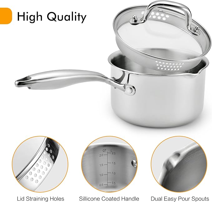 Cyrosa 2.0 Quart Saucepan with Lid, Stainless Steel Sauce Pot with Strainer Lid, Two Side Spouts for Easy Pour with Ergonomic Handle, Dishwasher Safe