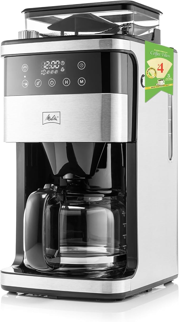 Melitta® Aroma Fresh™ Plus 10-Cup Automatic Drip, Programmable Coffee Maker with built in Burr Coffee Grinder, 5-Pack Coffee Filters included