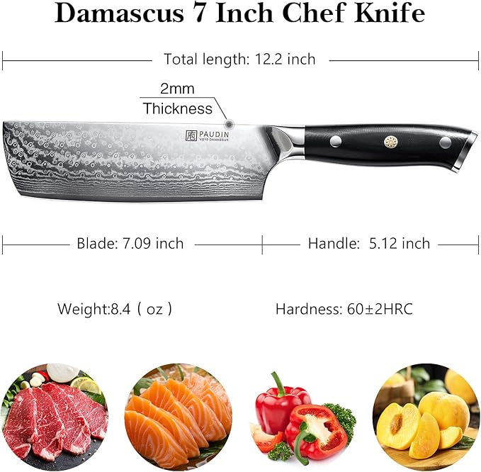 PAUDIN Nakiri Knife 7'', Damascus Chef Knife, Japanese VG-10 Stainless Steel, Kitchen Knife with G10 Full Tang Handle, Razor Sharp 67-Layer Forged Blade