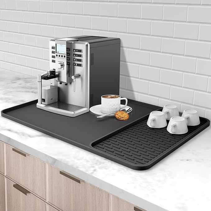 Silicone Coffee Mat, 24''x16'' Bar Mat with Detachable Dish Drying Mat - Fits Under Coffee Maker & Dish Rack