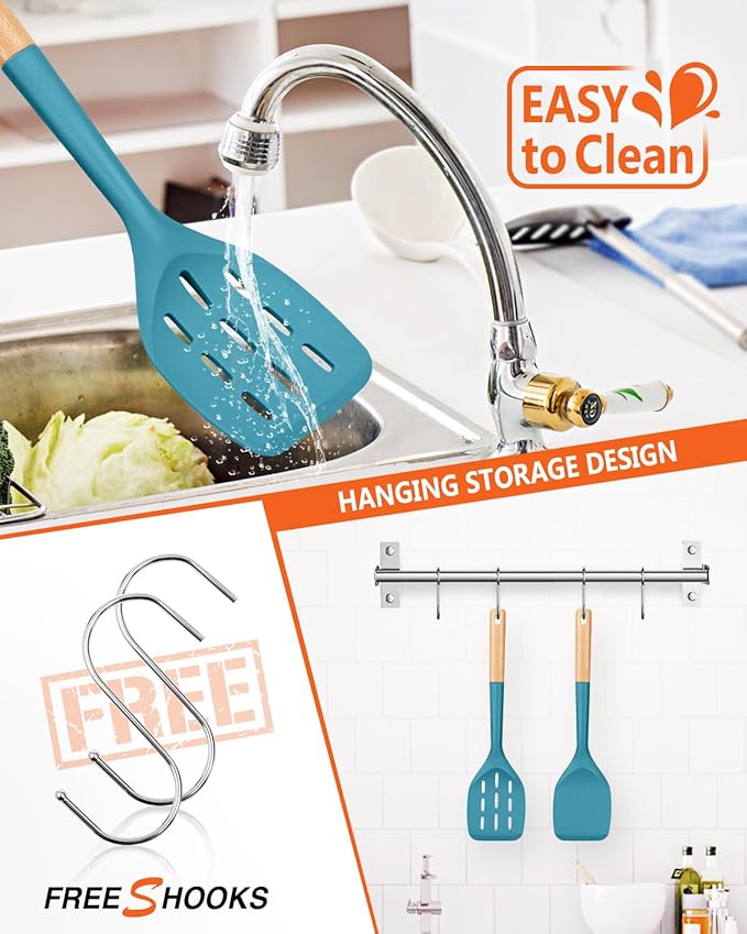 Pack of 2 Silicone Spatula, Non Stick Cooking Utensil Set Wooden Handle Kitchen Turner for Baking Mixing Grilling Serving Food Heat Resistant Non Scratch Hooks Included (Blue)
